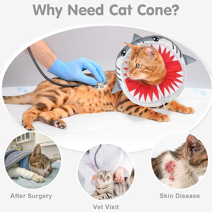 BEAUTYZOO Cat Cone Collar Soft, Cat Donut Recovery Collar after Surgery to Stop Licking, Kitten E Collars Neck Pillow Cone for Cats, Adjustable Elizabeth Pet Collars for Puppy Small Dogs, Grey Shark M