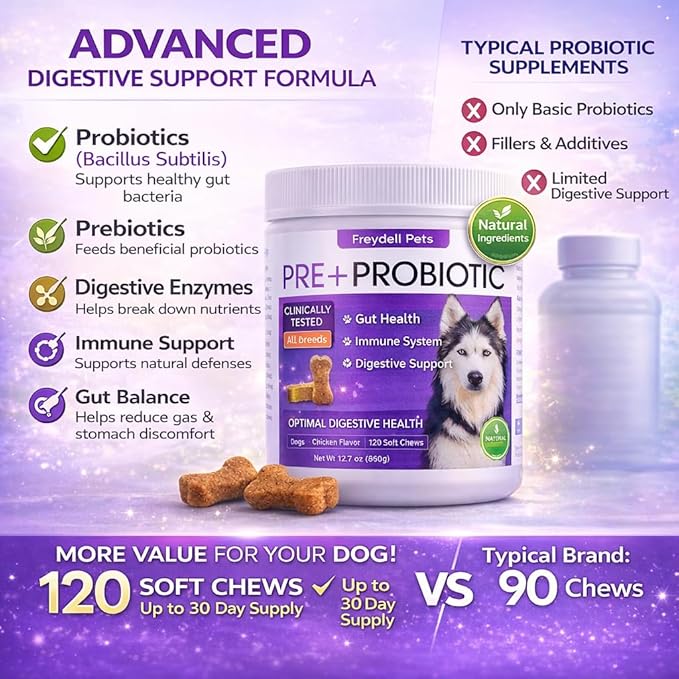 Freydell Pets Probiotics for Dogs– Digestive Enzymes, Prebiotics & Fiber Soft Chews – Gut Health, Diarrhea Relief, Yeast Balance, Immune Support, Pumpkin & Papaya – Dog Probiotic Supplement 120 Chews