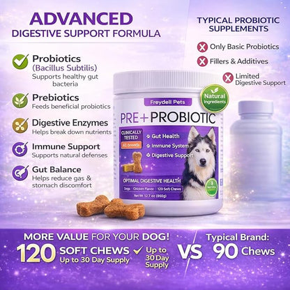 Freydell Pets Probiotics for Dogs– Digestive Enzymes, Prebiotics & Fiber Soft Chews – Gut Health, Diarrhea Relief, Yeast Balance, Immune Support, Pumpkin & Papaya – Dog Probiotic Supplement 120 Chews