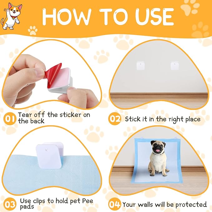 Yalikop 12 Pcs Wall Pee Pad Holder Dog Potty Training Pad Sticky Wall Clip Transparent Adhesive Clips with 6 Pcs Strong Adhesive(White)