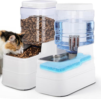 2 Pack Automatic Cat Feeder and Water Dispenser 1.3Gallon Dog Gravity Food Feeder and Water with Ice Pack Stainless Steel Dry Food and Waterer Bowl for Small Medium Large Pets (White)