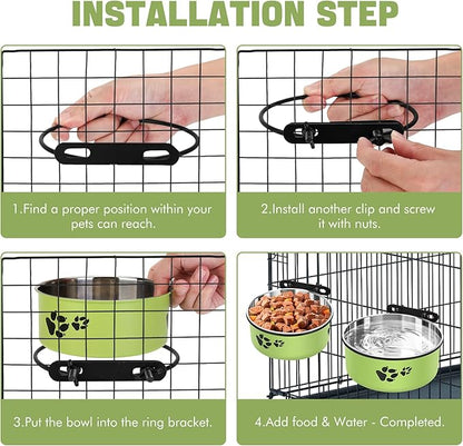 Dog Crate Bowls, ShineMe Stainless Steel Dog Kennel Bowls for Crates, Spill Proof Dogs Dishes that Attach to Crate Kennel Cage for Small Medium Size Dogs Cats, Set of 2, Green (6.2x2.6” & 5.5x2.4”)