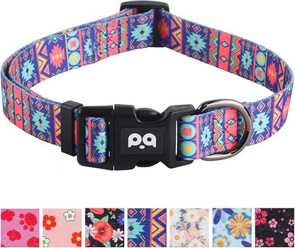 QQPETS Adjustable Soft Dog Collar: Print Flower Pink Multicolor Cute Patterns for XS Small Medium Large Pet Girl Boy Puppy Walking Running Training