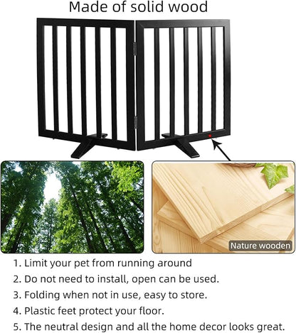 Dog Gate Indoor, Freestanding Dog Fence for The House, Doorways, Hallways,or Stairs,Pet Gate Foldable Wooden,Expandable 24" Height 2 Panels,Black
