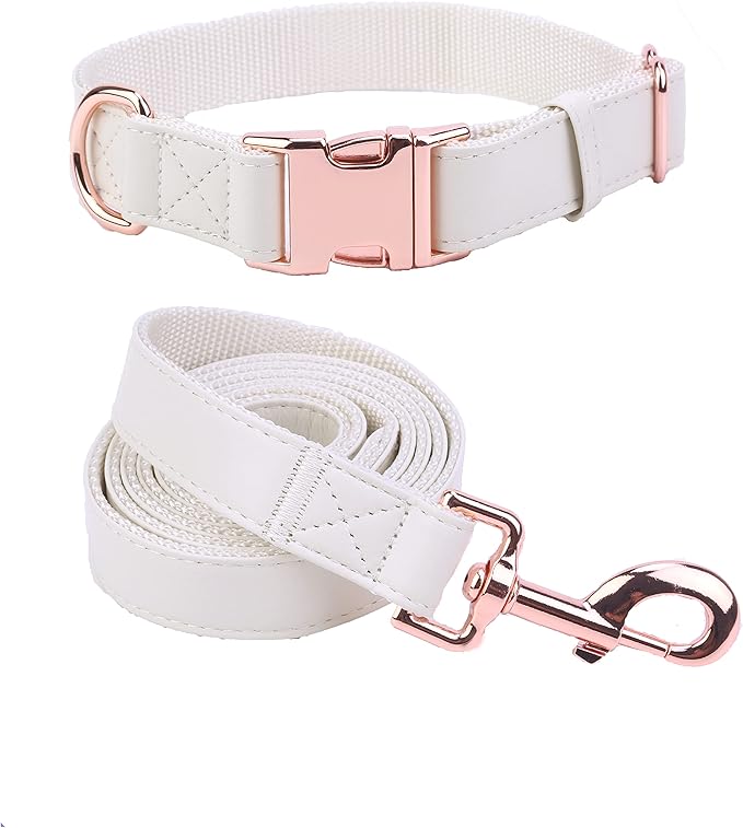 Dog Collar and Leash Set.Soft and Easy to Clean Vegan Leather with Rose Gold Metal Buckle for Small Medium Large Dogs (Off-White, M(13.8"-19.7"))