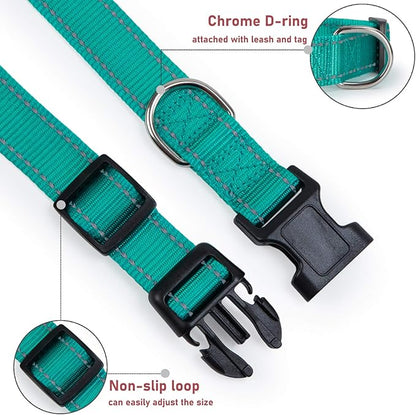 Reflective Dog Collar with Buckle Adjustable Safety Nylon Collars for Small Medium Large Dogs, Green M
