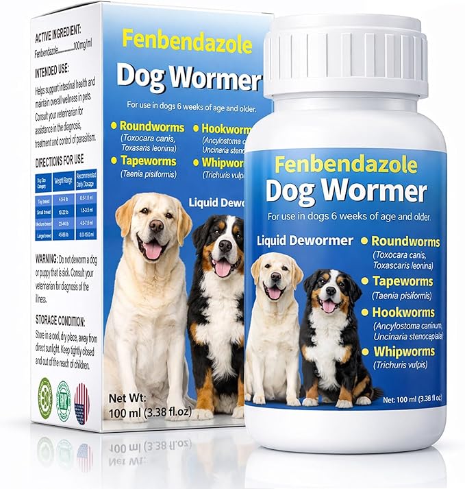 Dewormer for Dog - Fenbendazole Liquid Broad Spectrum for Tapeworms, Roundworms, Hookworms, Whipworms, 100 mL