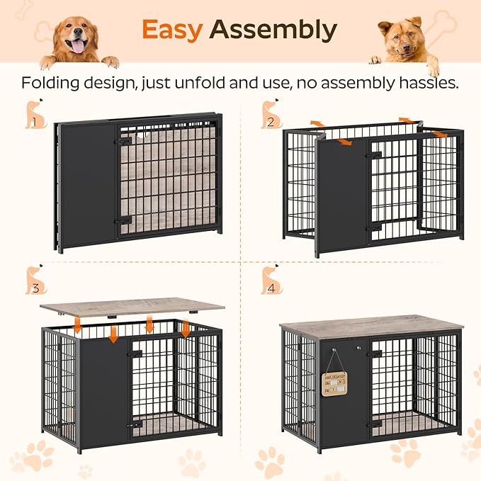 YATINEY Foldable Dog Crate Furniture, Dog Crate with DIY Frame, Heavy Duty Dog Kennel Indoor with Hooks, Wooden Dog Cage End Table, for Small/Medium Dogs, Greige DC95BG