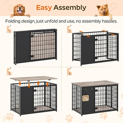 YATINEY Foldable Dog Crate Furniture, Dog Crate with DIY Frame, Heavy Duty Dog Kennel Indoor with Hooks, Wooden Dog Cage End Table, for Small/Medium Dogs, Greige DC95BG