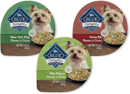 Blue Buffalo Delights Natural Adult Small Breed Wet Dog Food Cups, in Gravy, Prime Rib, NY Strip, and Filet Mignon 3.5-oz (24 Pack- 8 of Each Flavor)