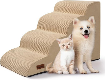 Aodisman Dog Steps for Bed, 4-Step Dog Stairs Ramp for Small Dogs and Cats, Indoor Non-Slip Pet Stairs Suitable for Older, Short-Legged, and Puppy Dogs to Climb Onto High Beds and Couch, 17.4" H,Khaki