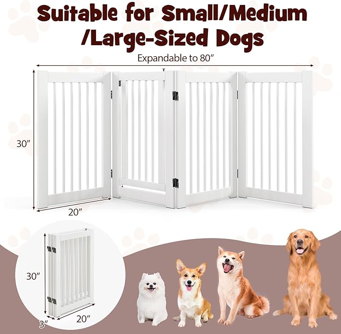 Giantex Dog Gate with Door - 30''H × 80''W Wooden Pet Gate with Walk Through Door, Foldable Freestanding 4 Panels Pet Safety Fence Extra Wide for Doorway Stairs House Deck Yard, White