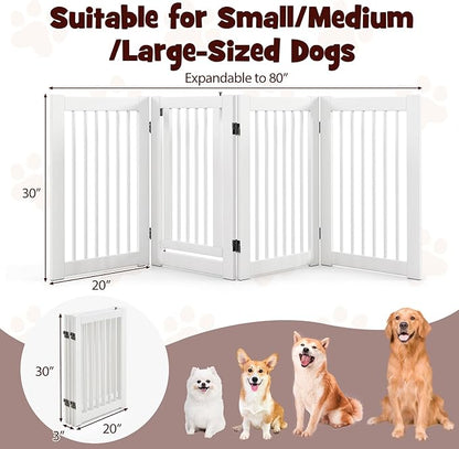 Giantex Dog Gate with Door - 30''H × 80''W Wooden Pet Gate with Walk Through Door, Foldable Freestanding 4 Panels Pet Safety Fence Extra Wide for Doorway Stairs House Deck Yard, White