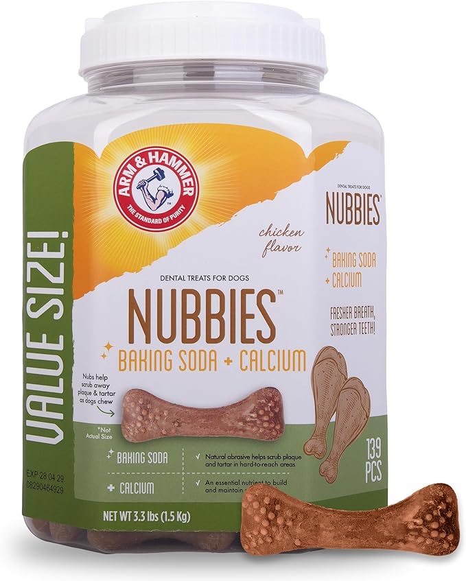 Arm & Hammer for Pets Nubbies Dental Treats Value Size - Baking Soda & Calcium Dog Dental Chews, Helps Scrub Plaque & Tartar While Chewing, Chicken Flavor, 139 Count, 52.8 Oz