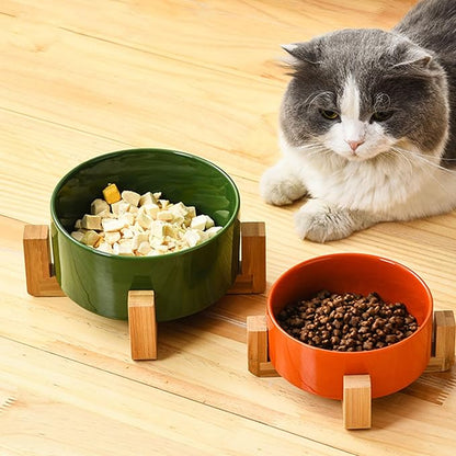 Petygooing Dog Bowls,Ceramic Cat Dog Bowl Set with Wood Stand for Food and Water,Non-Slip Cute Modern Pet Dish for Cats Small Size Dogs Puppy (13.5OZ/5.1 in) Rust Red
