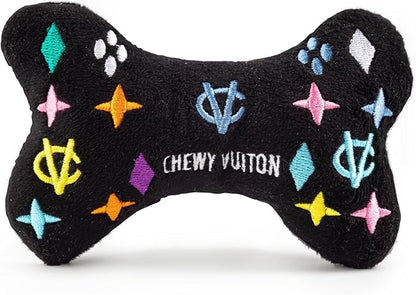Haute Diggity Dog Chewy Vuiton Bone Plush Squeaky Dog Toy, Soft Durable Designer-Inspired Stuffed Puppy Chew Toys for Small & Medium Dogs, Machine-Washable (Black Monogram) Small