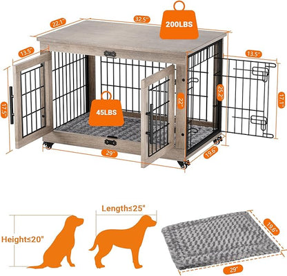 Dog Crate Furniture with Cushion Set of 2, Wooden Dog Kennel Indoor with Wheels & Double Doors, Dog Cage Side End Table for Medium Small Dogs up to 45 lb, 32.5” L, Grey
