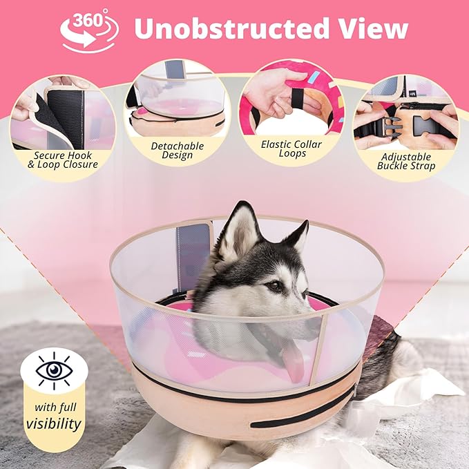 Inflatable Dog Cone with Transparent Shield, Protective Dog Donut Collar After Surgery to Stop Licking, Soft Donut Cone for Extra Large Pets, Adjustable Recovery Collar with Buckle Visibility
