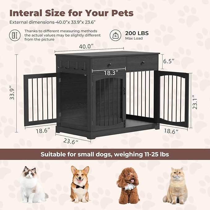Dog Crate Furniture, Wooden Dog Kennel Furniture, Heavy-Duty Dog Crate End Table with Storage Drawers, Double Doors Decorative Pet Cage House Indoor for Small Medium Dog, 40Inch, Black