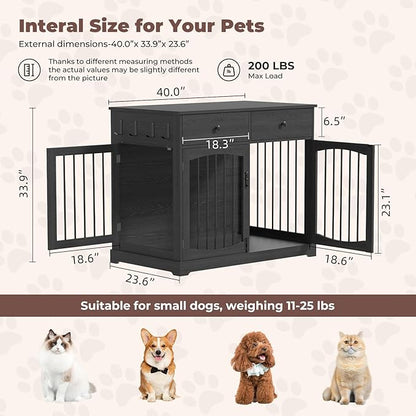 Dog Crate Furniture, Wooden Dog Kennel Furniture, Heavy-Duty Dog Crate End Table with Storage Drawers, Double Doors Decorative Pet Cage House Indoor for Small Medium Dog, 40Inch, Black