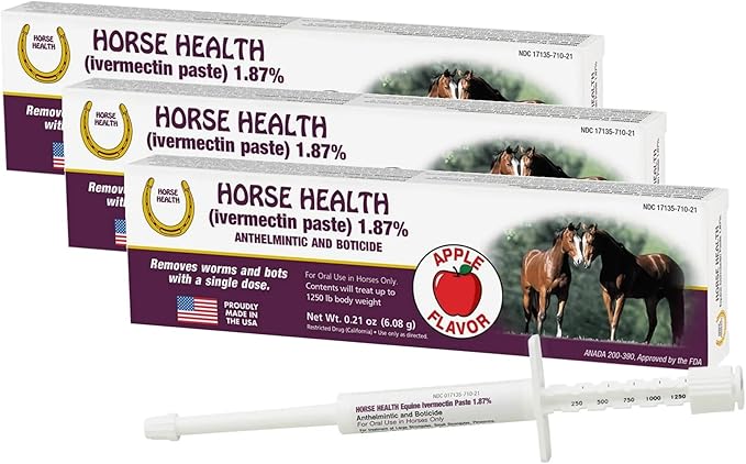Horse Ivermectin Paste 1.87% – Apple Flavored Oral Equine Dewormer Syringe – 6.08g Tube Treats Horses Up to 1250 lbs (3-Pack)