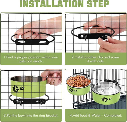 Dog Crate Water Bowl, ShineMe 54oz & 34oz Stainless Steel No Spill Crate Food and Water Bowl, Kennel Bowls Mountable for Medium and Large Dogs, Cats and Pets, Set of 2, Green (7.1x2.9” & 6.2x2.6”)