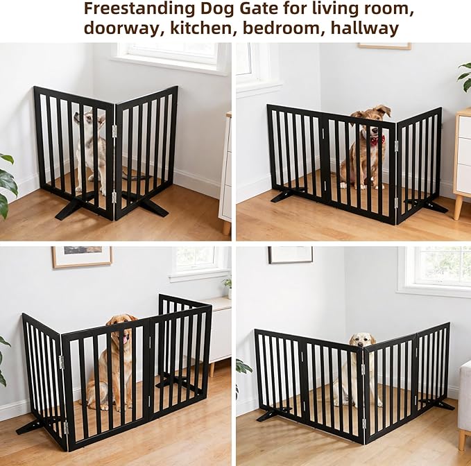 ZJSF Freestanding Indoor Dog Gate for House Foldable Wood Puppy Gate for Doorways Pet Gate for Stairs Extra Wide Pet Fence, Black, 24" Height 2 Panels