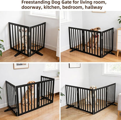 ZJSF Freestanding Indoor Dog Gate for House Foldable Wood Puppy Gate for Doorways Pet Gate for Stairs Extra Wide Pet Fence, Black, 32" Height 2 Panels