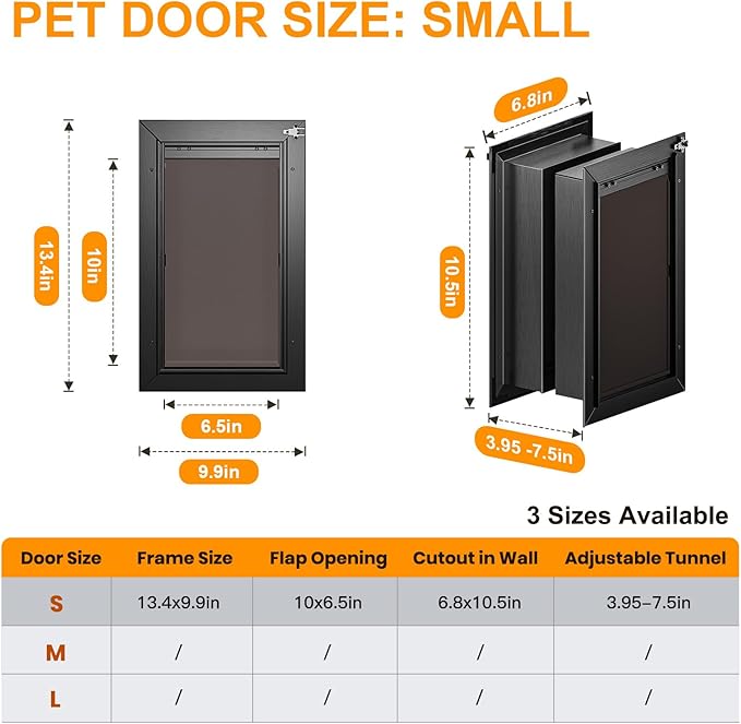 Cat Door for Wall, All Aluminum Doggy Doggie Pet Door Small Dog Door, With Closing Panel, 2 Magnetic Flaps Energy Efficient, Wide Telescoping Tunnel for Interior & Exterior Wall, Pets Up to 22Lb Black