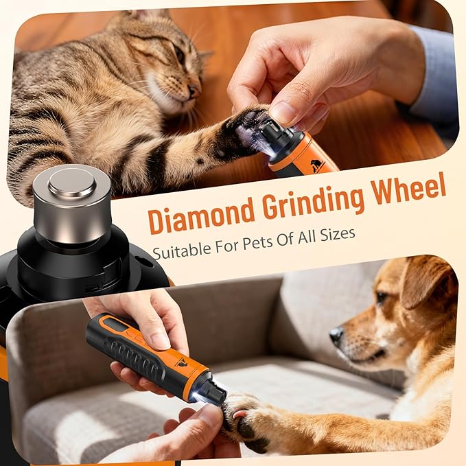 Electric Dog Nail Grinder: 5-Speed Quiet Dog Nail Trimmer with LED Light, Adjustable Safety Guard, Rechargeable Cordless Design for Small to Large Dogs & Cats(Orange)