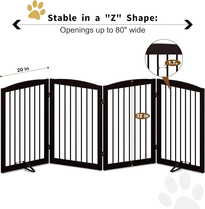 PUPETPO Freestanding Pet Gate for Dogs, Indoor Wooden Foldable Dog Gate for House, Doorway, Stair, 80 Inch Wide, 4 Panels 32",Brown