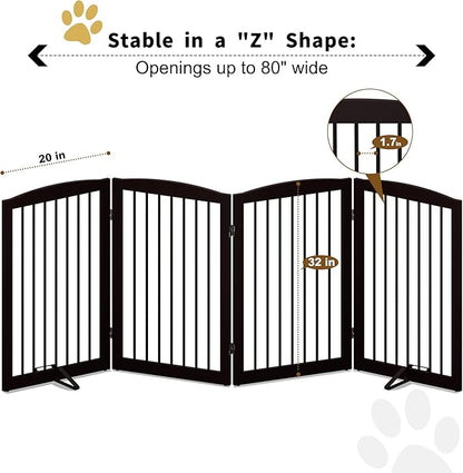 PUPETPO Freestanding Pet Gate for Dogs, Indoor Wooden Foldable Dog Gate for House, Doorway, Stair, 80 Inch Wide, 4 Panels 32",Brown