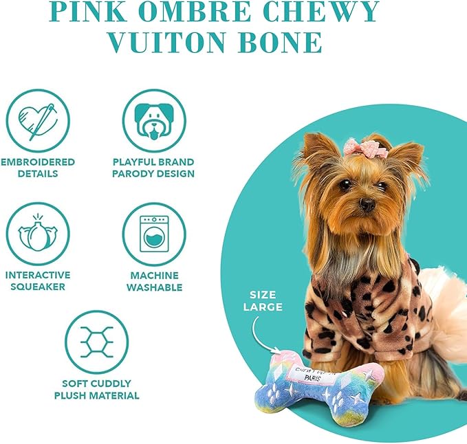 Haute Diggity Dog Chewy Vuiton Bone Plush Squeaky Dog Toy, Soft Durable Designer-Inspired Stuffed Puppy Chew Toys for Small, Medium & Large Dogs, Machine-Washable (Pink Ombre) XL