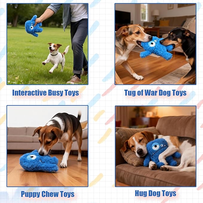 Plush Squeaky Dog Toy, Crinkle Stuffed Dog Toy Keep Them Busy Tug of War Birthday Dog Chew Toy for Small Medium Large Dogs (Blue)