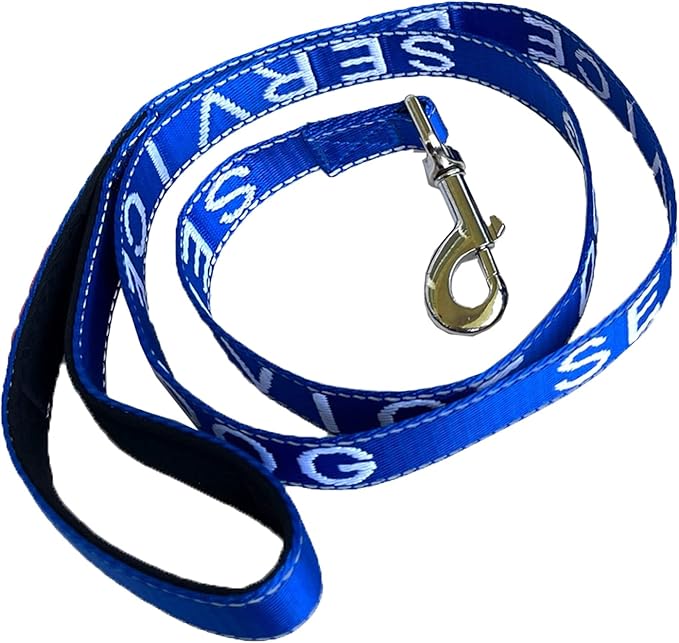 Albcorp Service Dog Leash - Embroidered- with Padded Neoprene Handle and Reflective Threads, 4 Feet, for Harnesses, Vests or Collars. Blue