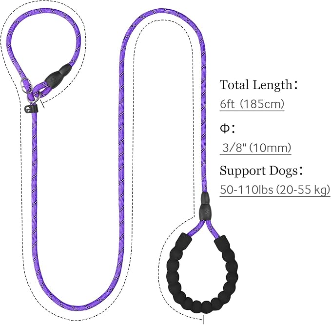 TagME 6ft Slip Dog Lead, No Pull Reflective Training Leash with Padded Handle, Professional Rope P-Leash for Small Medium Large Dogs, Heavy Duty Correction Lead for Walking & Training (Purple)