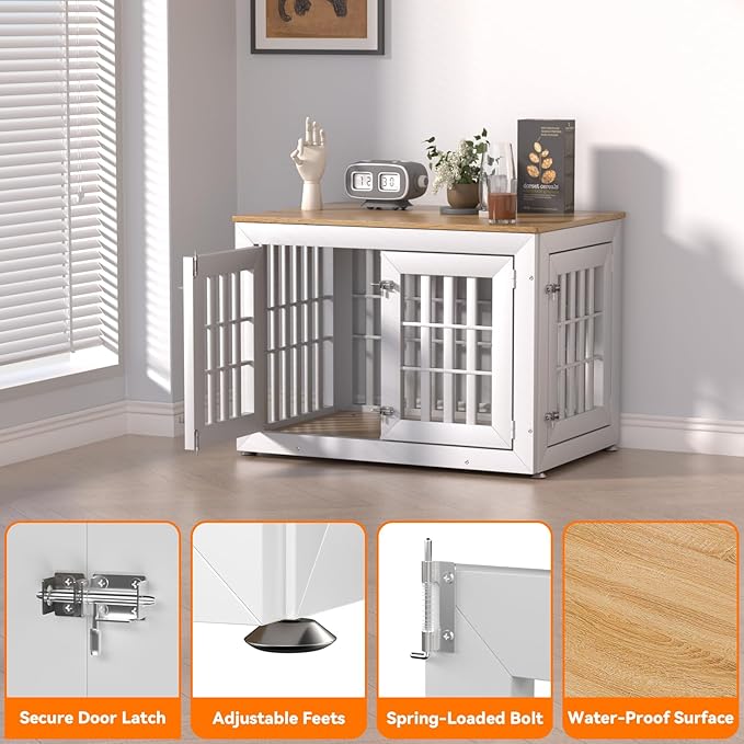 Snuowu 38" Heavy Duty Dog Crate Furniture for Small,Medium and Large Dogs,Rustic Wooden Dog Cage Kennel Indoor Furniture with Waterproof Top,Decorative Pet House Side End Table (White & Wood)
