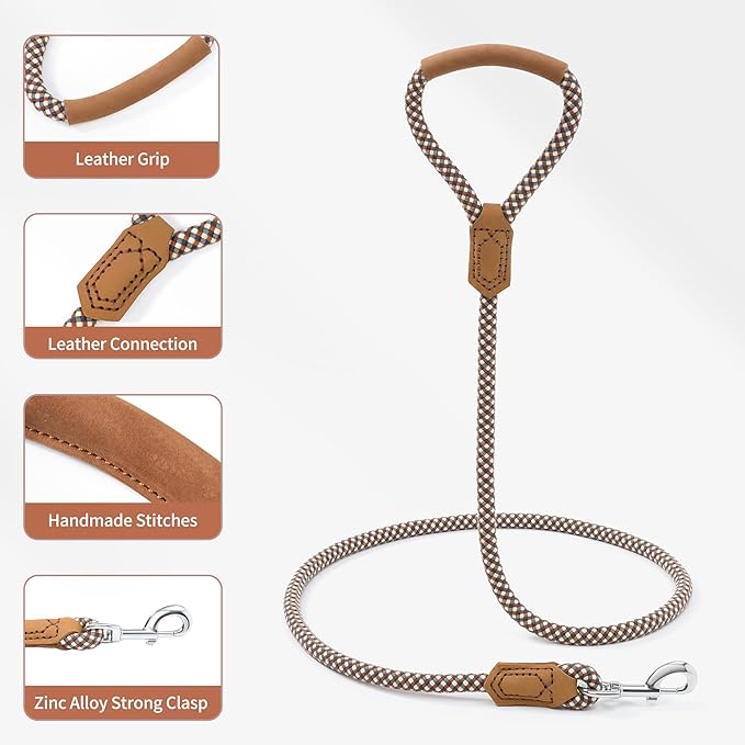 Mile High Life | Premium Leather Dog Leash | Strong Rope Leash | Leather Handle | Zinc Alloy Strong Clasp | Small Medium Large Dogs | 4/5/6 Feet(Brown, 48 Inch (Pack of 1))