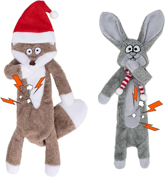 HGB Christmas Dog Toys for Large Dogs with Mini Christmas Hat & Scarf, Squeaky Crinkle Plush Dog Toys for Small, Medium, Large Breed and Puppy Teething, Daily Companionship, Cute Bunny & Redfox