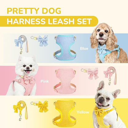 Small Dog Collar Harness and Leash Set, Dog Harness no Pull with Bowtie, Breathable Cotton Adjustable Pet Puppy Harness, Easy Walk Dog Harness, M(16-21")