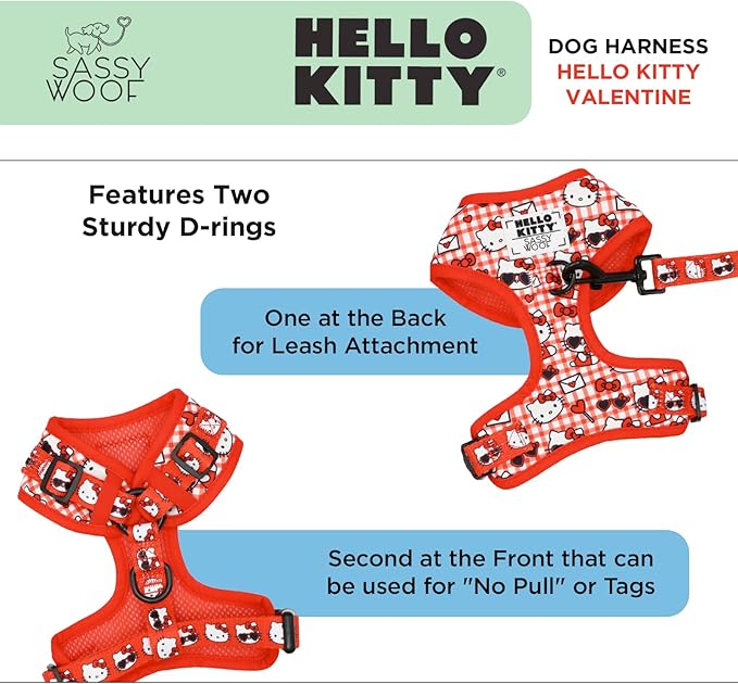 Sassy Woof Dog Adjustable Harness - Hello Kitty® Red Classic - S, Breathable Mesh, No Pull Design with Two D-Rings, Patented Design, Perfect for Small Dogs