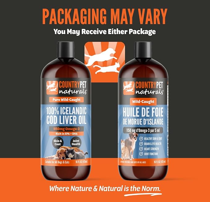 Wild-Caught Pure Icelandic Cod Liver Oil for Dogs & Cats,1150 mg Omega-3 per TSP, High EPA & DHA, Natural Vitamins A & D, Supports Healthy Skin & Coat & Mobility, Single-Ingredient, 100% Pure