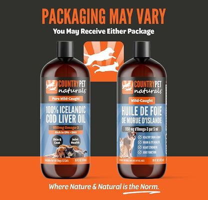 Wild-Caught Pure Icelandic Cod Liver Oil for Dogs & Cats 8oz, Single-Ingredient, 1150 mg Omega-3, High EPA/DHA, Natural Vits A&D, Supports Healthy Skin, Coat & Mobility, 8oz bottle