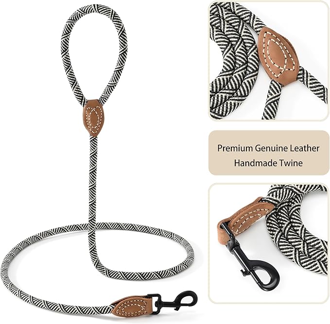 Mile High Life Rope Leash with Genuine Leather Connection, 6 FT/5 FT/4 FT, Heavy Duty Leash for Medium & Large Dogs (Black Beige, 48 Inch)