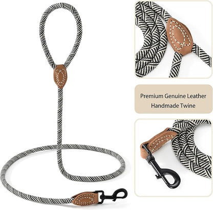 Mile High Life Rope Leash with Genuine Leather Connection, 6 FT/5 FT/4 FT, Heavy Duty Leash for Medium & Large Dogs (Black Beige, 48 Inch)