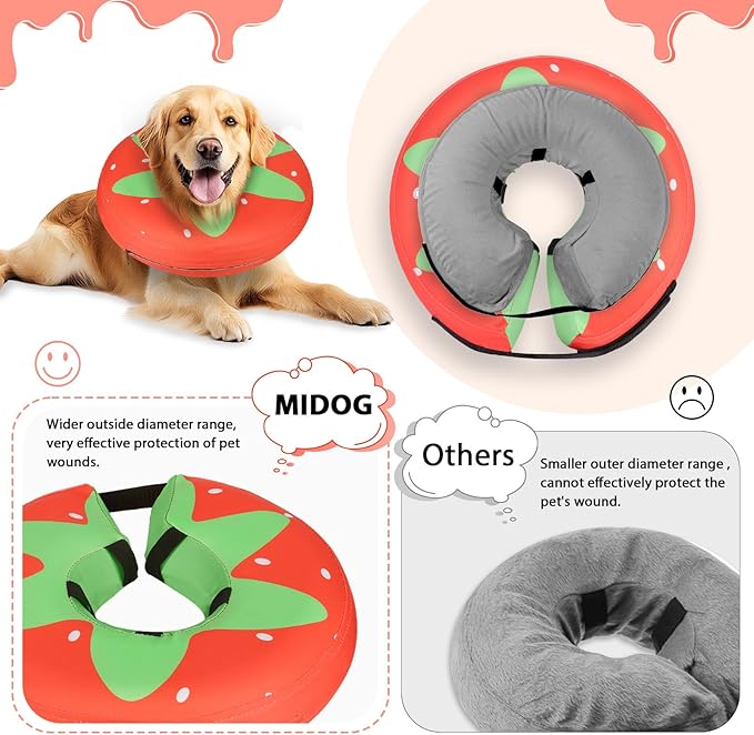 MIDOG Soft Inflatable Dog Cone,Donut E-Collar Alternative for After Surgery, Prevents Licking,Allowing Normal Eating & Vision,Comfortable Recovery Collar for Small Medium Large Dogs&Cats,Strawberry-XL