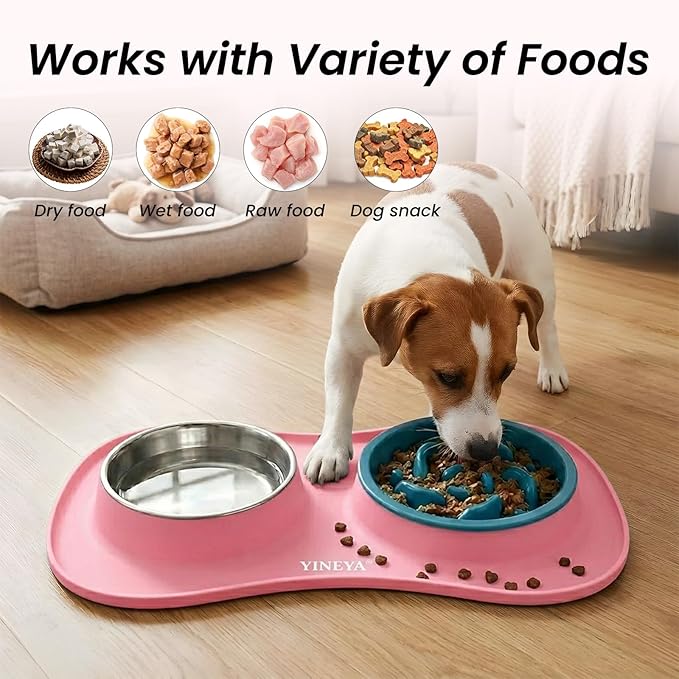 YINEYA Slow Feeder Dog Bowls Stainless Steel Food and Water Bowl Set 3 in 1 No Spill Waterproof Silicone Pet Food Mat Puppy Feeding Station for Large Medium Small Breed Non Slip Metal Dish Tray