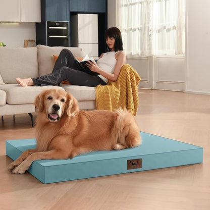 Outdoor Large Washable Dog Bed, Orthopedic Egg Crate Foam Dog Crate Mat for Large Dogs with Removable Oxford Cooling Cover, Light Blue