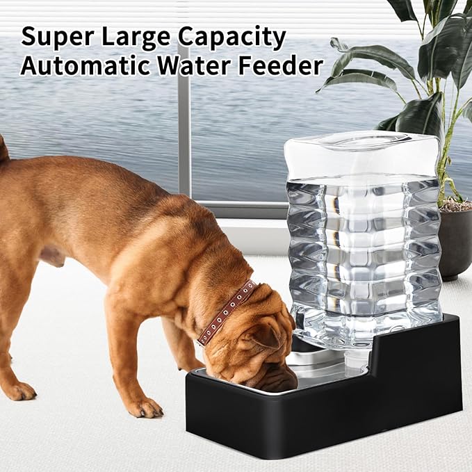 RIZZARI Stainless Steel Pet Water Feeder: 9L Large Gravity Leak-Proof Auto Refill Water Dispenser -Ideal for Multi-Pet Homes- Anti-Tip Base -No Filter- Easy Clean - for 30-60 LB Dogs- Home/Garage