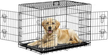 42 Inch Large Dog Crate Dog Kennel Pet Cage Metal Wire Crates Pet Cages Double-Door Folding Kennels with Handle Leak-Proof Pan Tray,Black